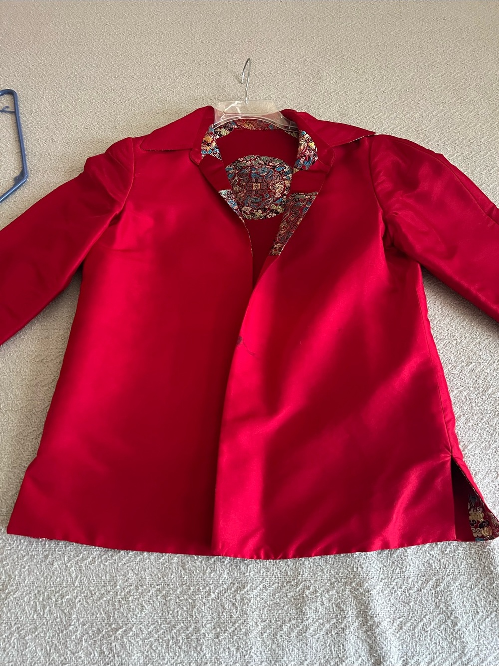 Red Satin Open-Front Blazer with Printed Lining